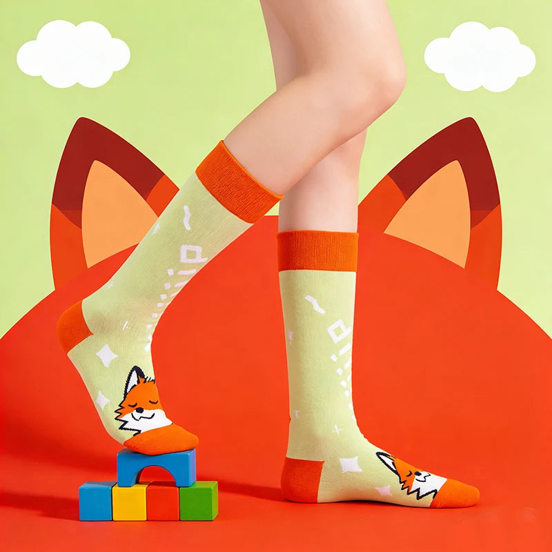 Cotton Blend Cartoon Fox Pattern Mid Tube Unisex Socks - 1