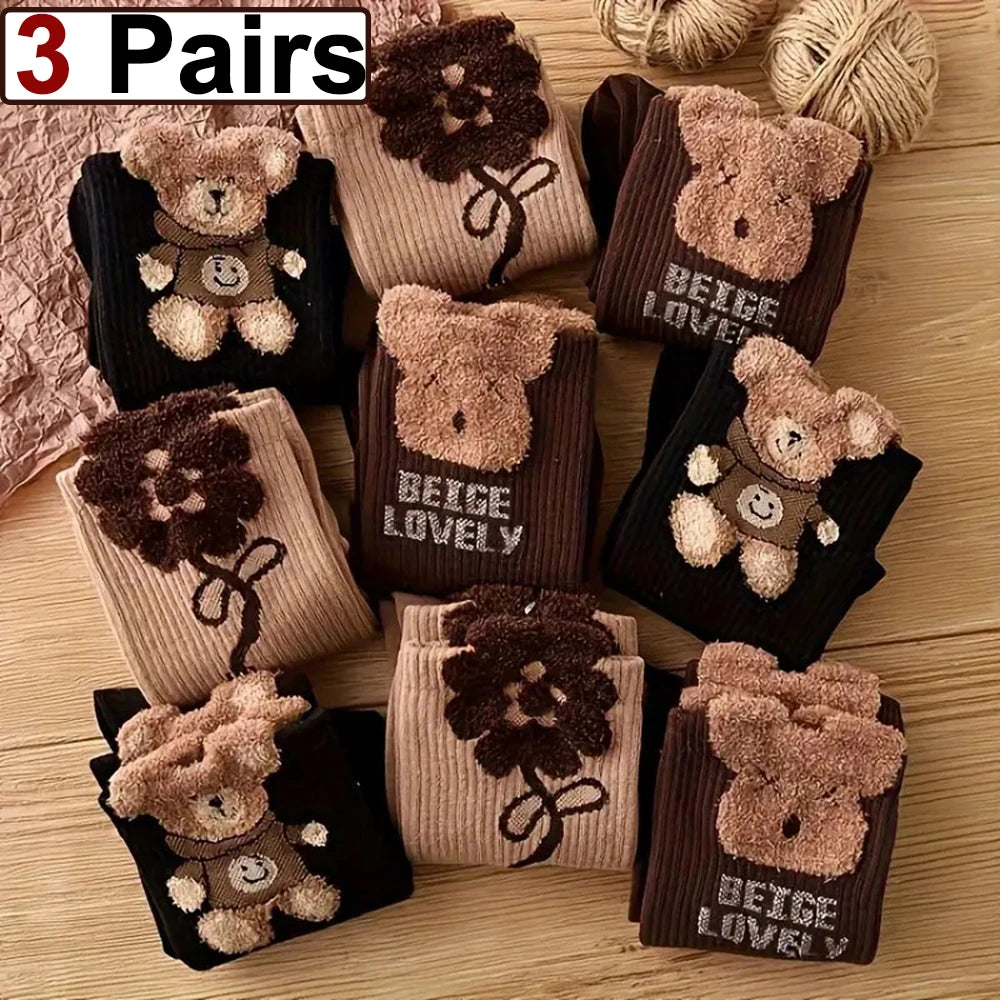 Polyester Elastane Cartoon Bear Pattern Mid Tube Socks 3 Pairs