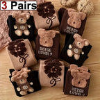 Polyester Elastane Cartoon Bear Pattern Mid Tube Socks 3 Pairs