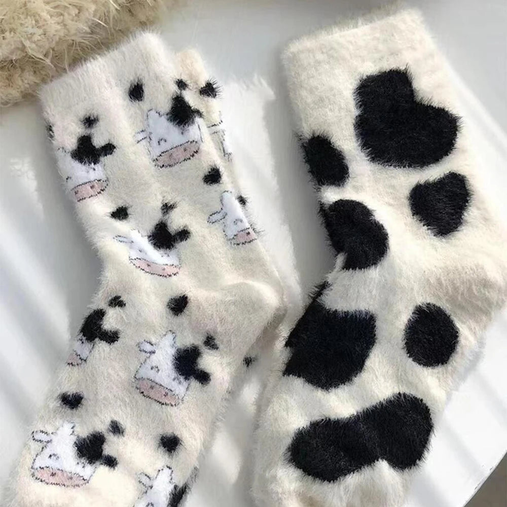 Polyester Elastane Cow Pattern Plush Socks - 1