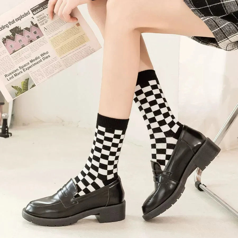 Polyester Blend Checkerboard Pattern Socks 2 Pair Set