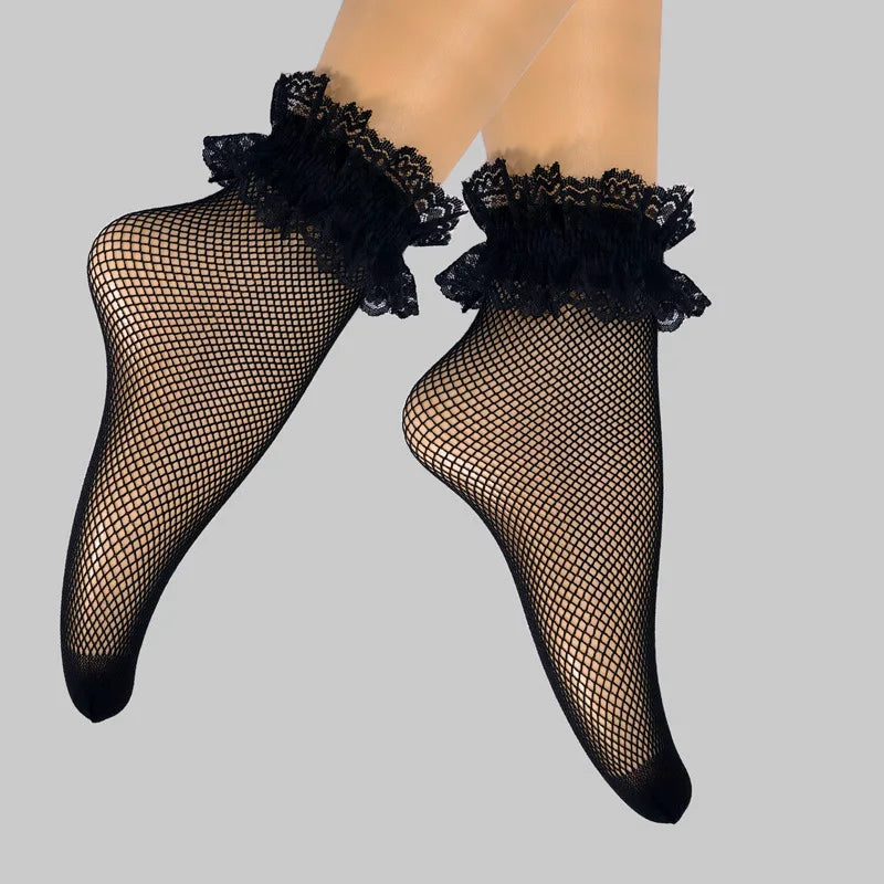 Polyester Nylon Fishnet Lace Trim Ankle Socks - 9