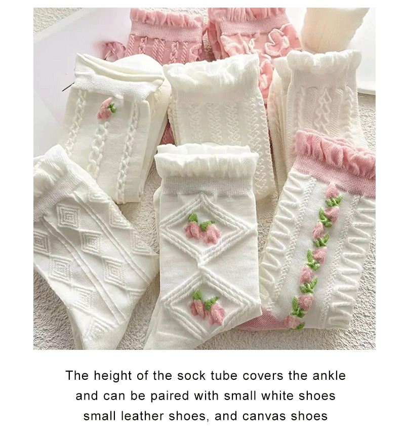 Ruffled Floral Mid Tube Polyester Women Socks 5 Pairs