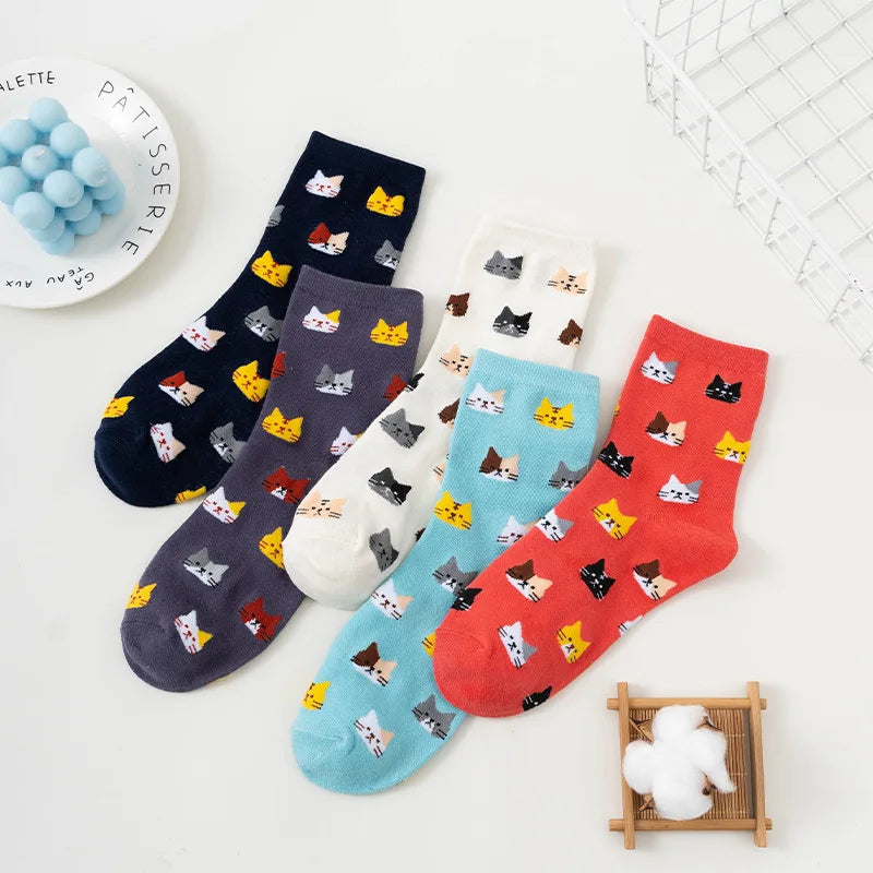5 Pairs Women Cotton Cat Print Mid Tube Casual Socks