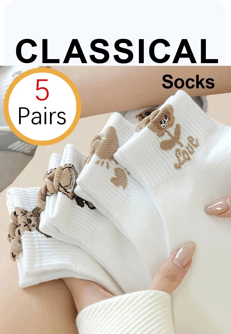 Polyester Elastane Teddy Bear Print Casual Ankle Socks for Women