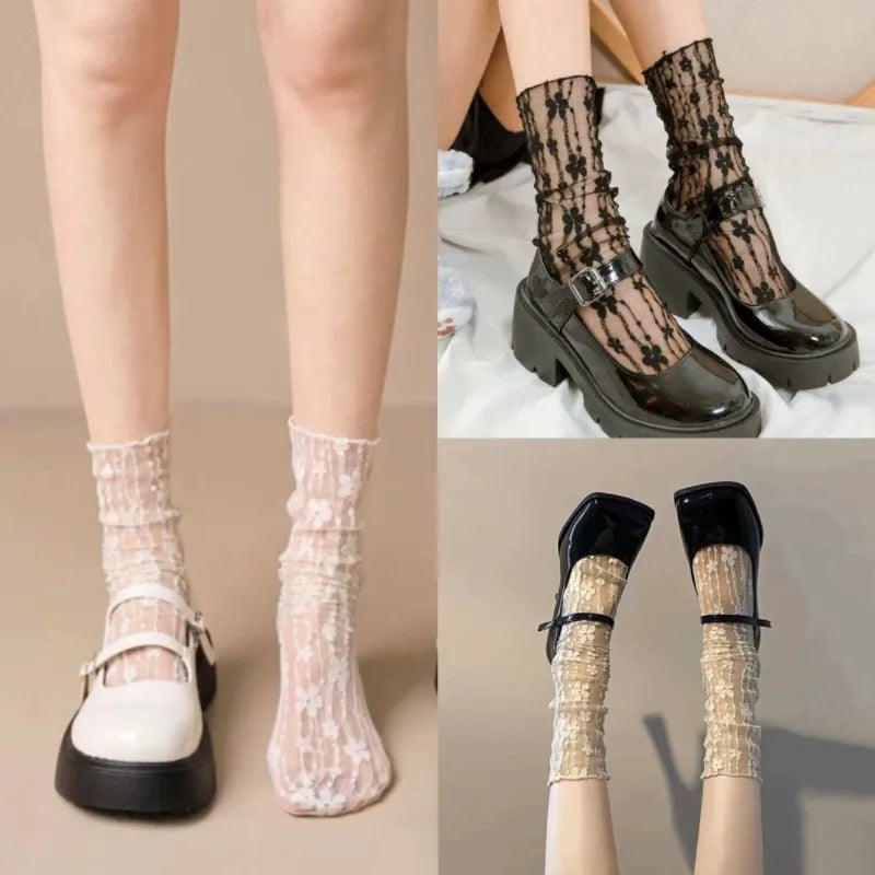 3 Pairs Floral Lace Women Casual Crew Socks - 2