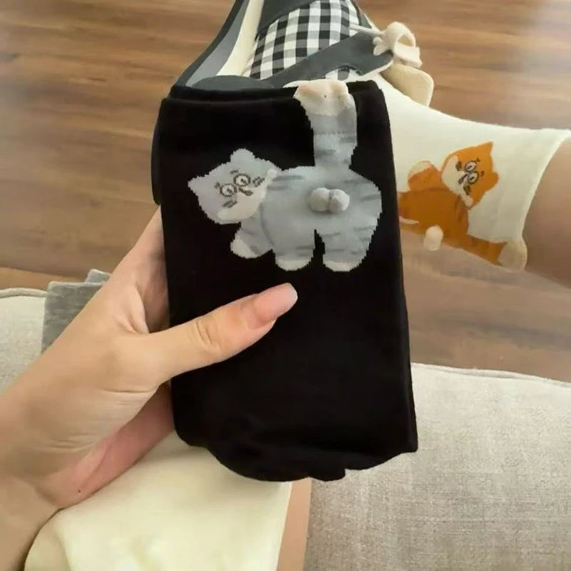 Polyester Elastane Kitten Pattern Mid Tube Socks