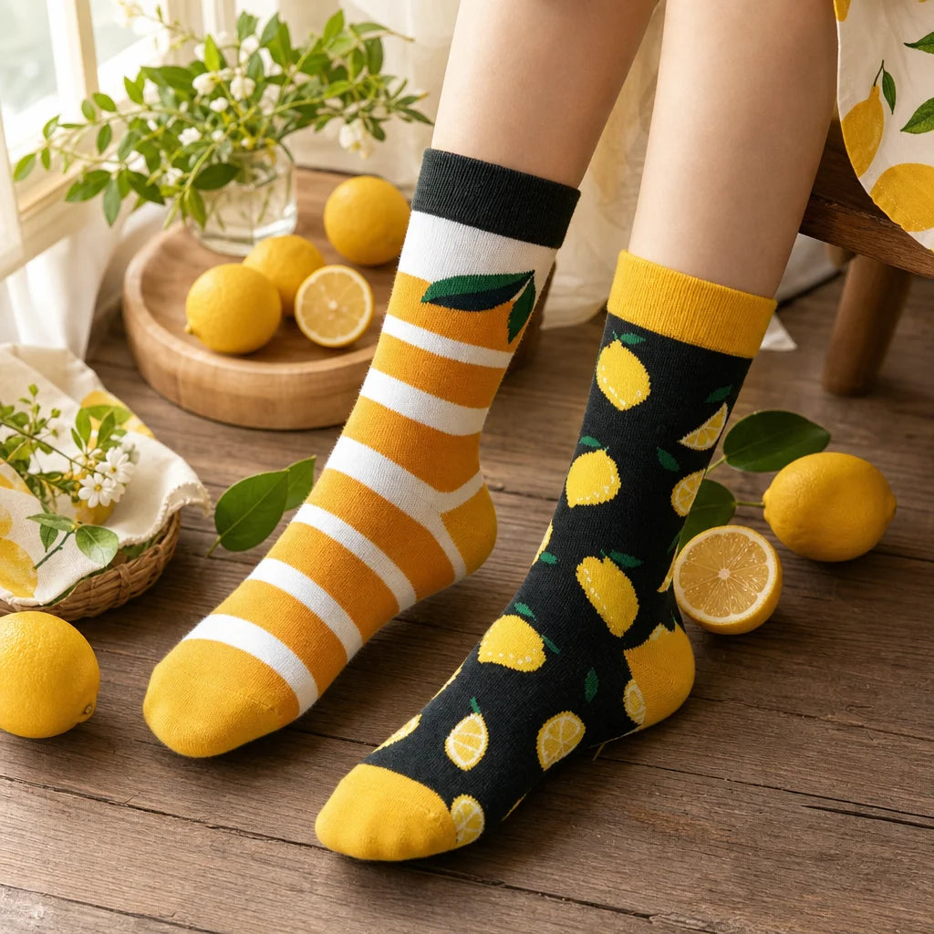 Cotton Lemon Print Mid Calf Casual Socks - 6
