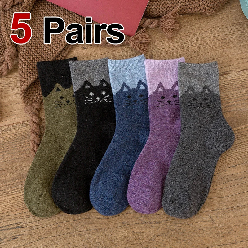 Wool Blend Cat Print Winter Socks Five Pairs