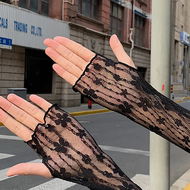 Lace Floral Fingerless Gloves Sun Protection Mesh Sleeves
