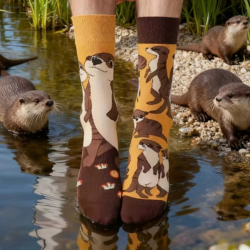 Cotton Blend Otter Print Casual Mid Calf Socks