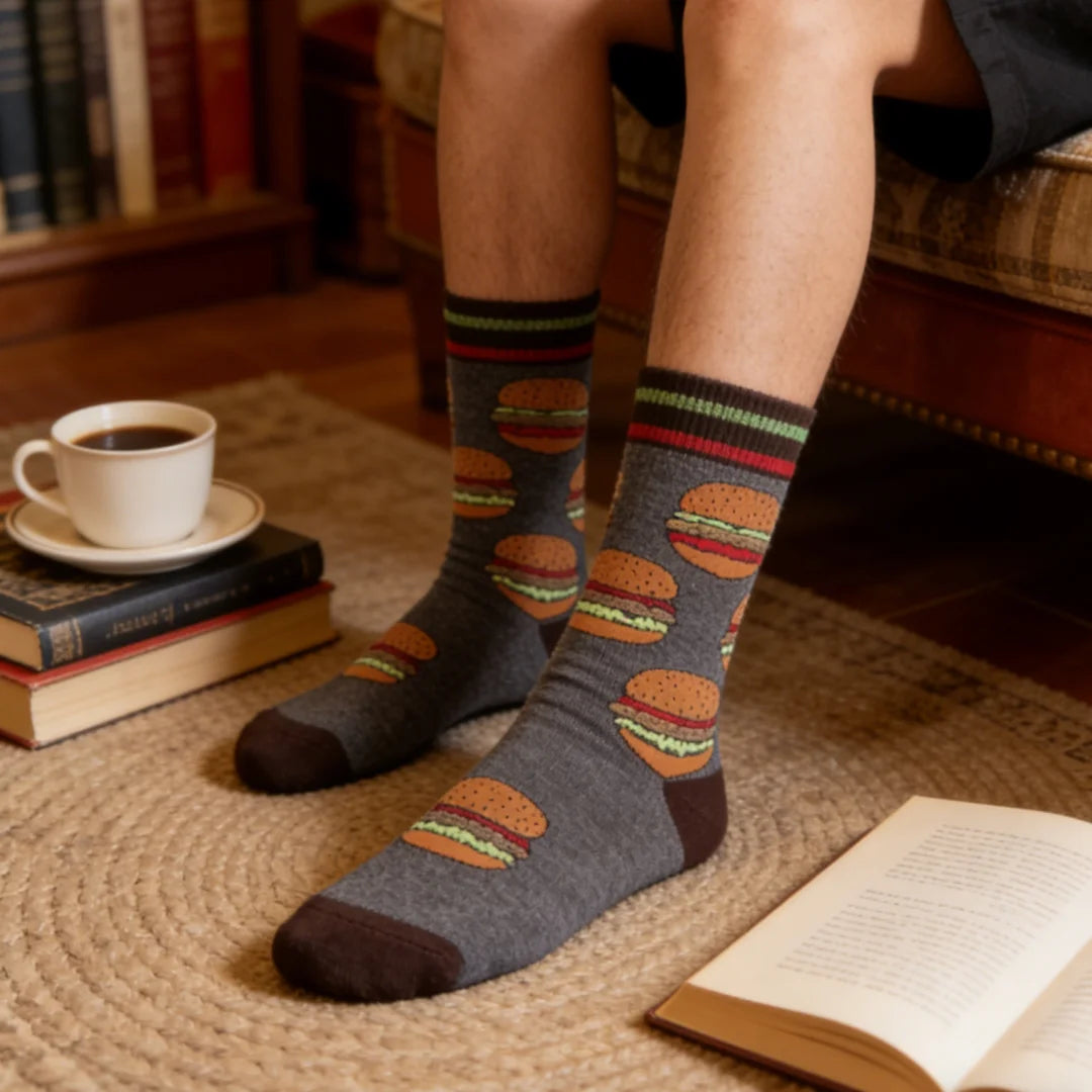 Cotton Blend Mid Calf Burger Print Unisex Socks - 2