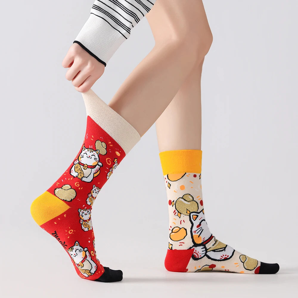 Cotton Blend Mid Calf Lucky Cat Cartoon Socks