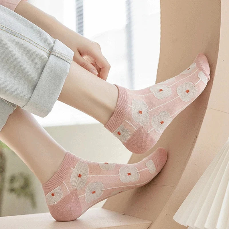 Floral Polyester Low Cut Ankle Socks For Women 5 Pairs