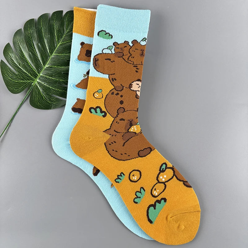 Cotton Blend Capybara Print Mid Calf Socks