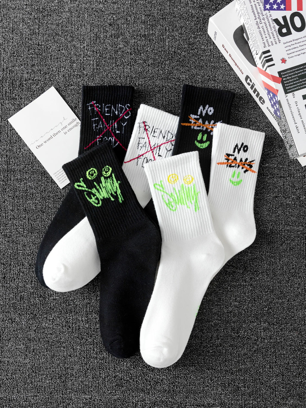 Polyester Elastane Mens Graffiti Crew Socks 10 Pairs