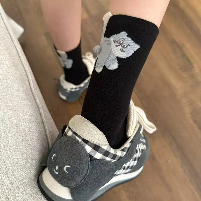 Polyester Elastane Kitten Pattern Mid Tube Socks