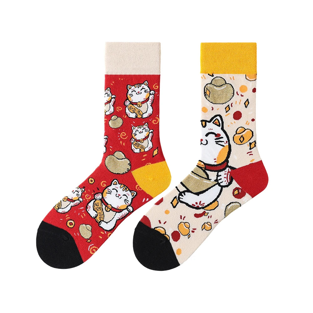 Cotton Blend Mid Calf Lucky Cat Cartoon Socks - 6