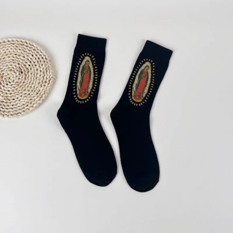 Polyester Elastane Portrait Print Mid Calf Socks