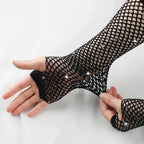 Nylon Elastane Rhinestone Fishnet Fingerless Gloves