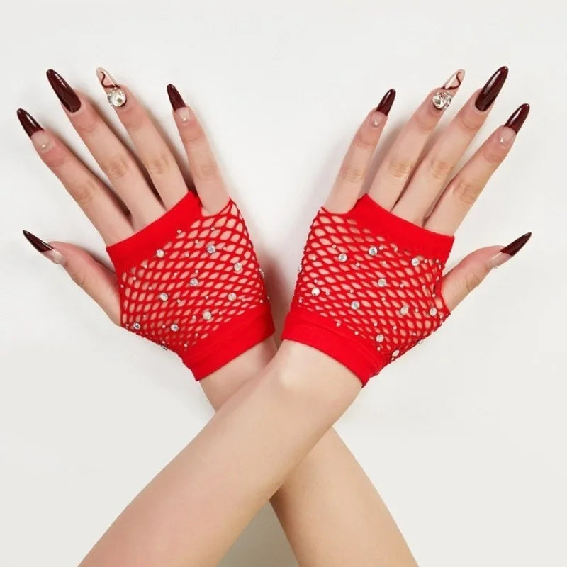 Nylon Elastane Rhinestone Fishnet Fingerless Gloves