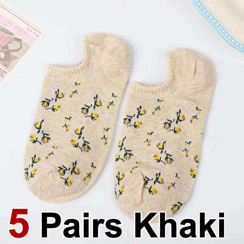 5 Pairs Polyester Elastane Floral Low Cut Boat Socks