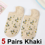 5 Pairs Polyester Elastane Floral Low Cut Boat Socks