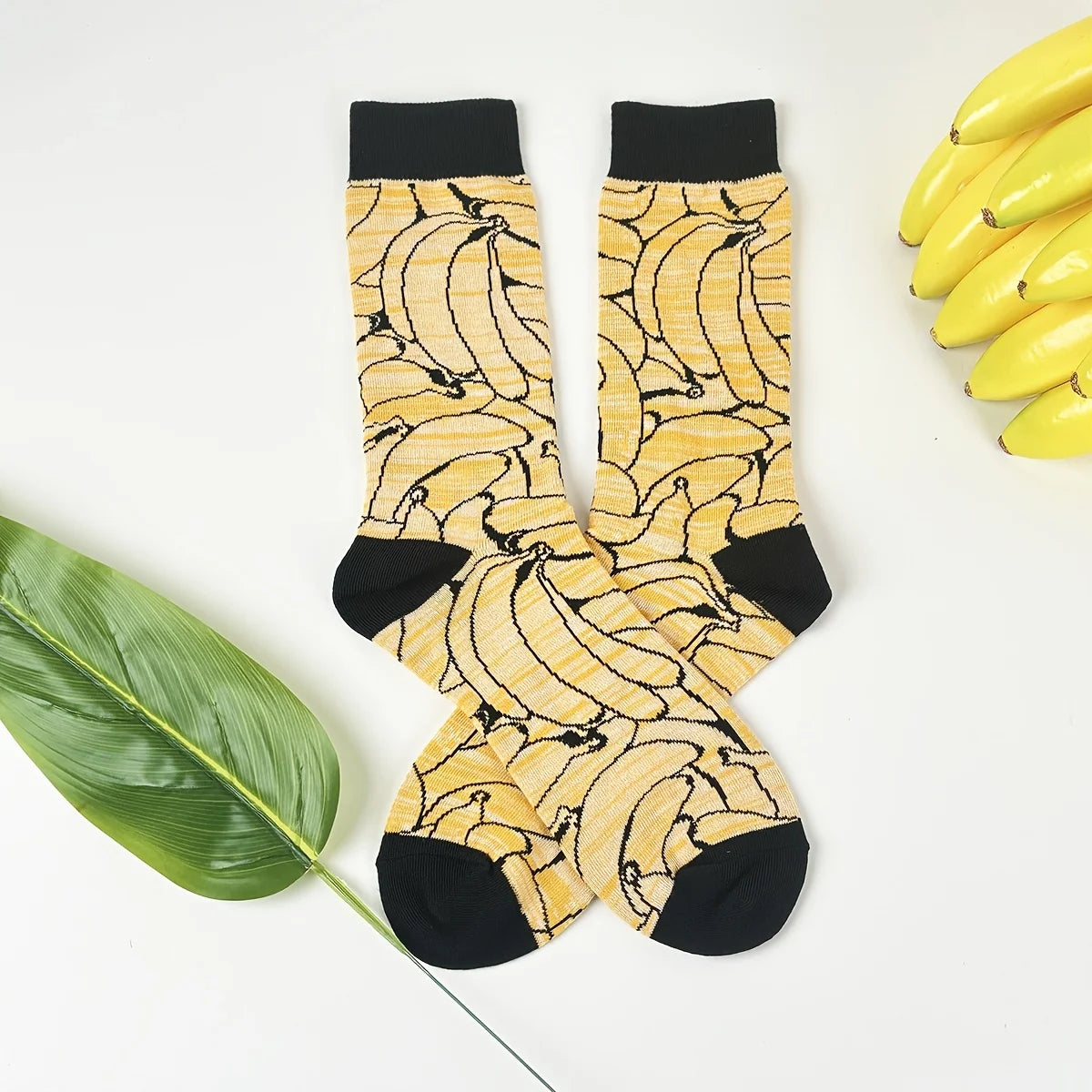 Cotton Blend Banana Print Mid Calf Socks
