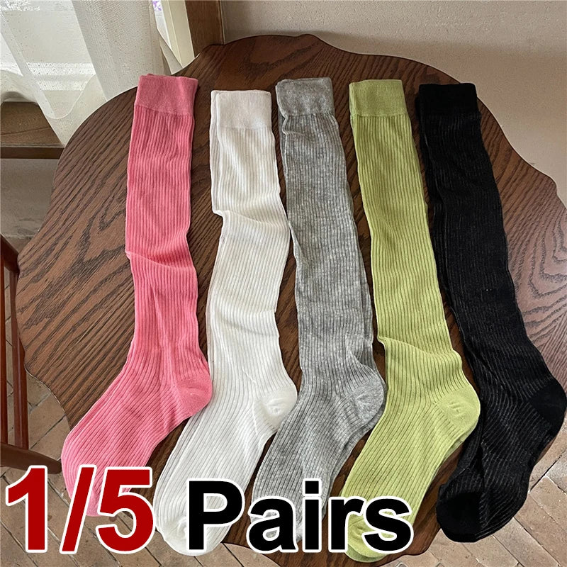 Cotton Blend Breathable Vertical Striped Long Socks For Women