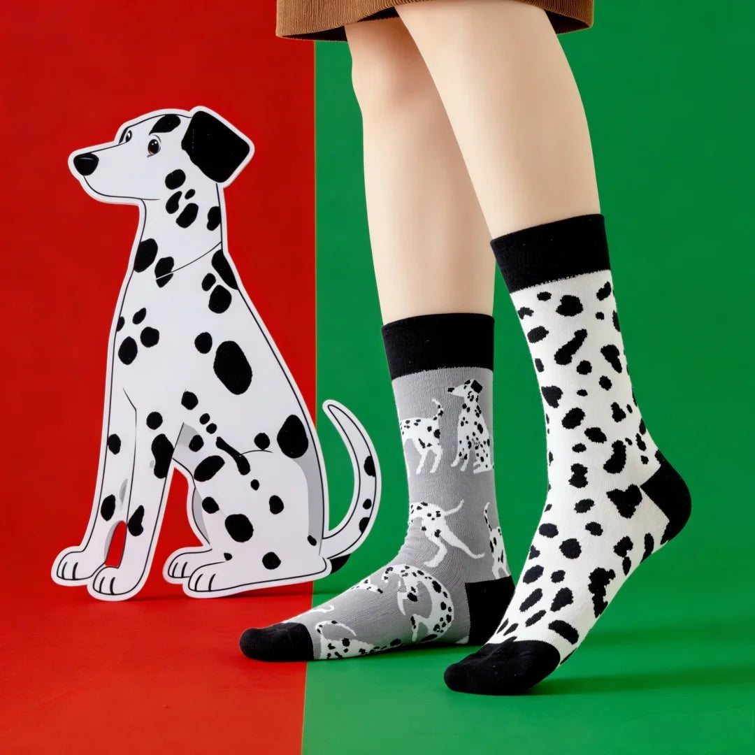 Cotton Blend Spotted Dog Print Unisex Mid Calf Crew Socks