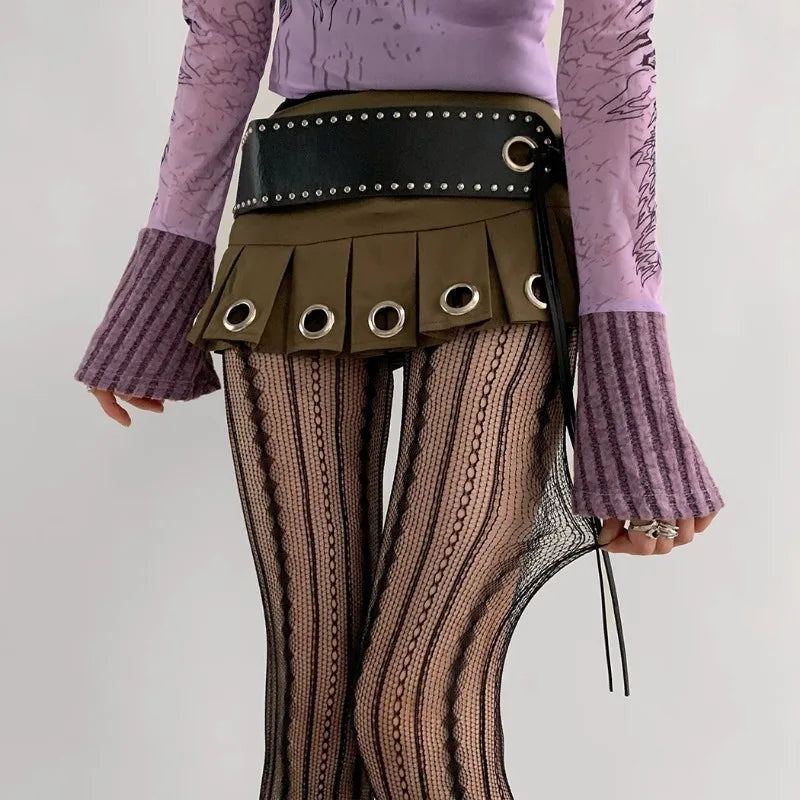 Red Nylon Striped Fishnet Tights for Women - 14
