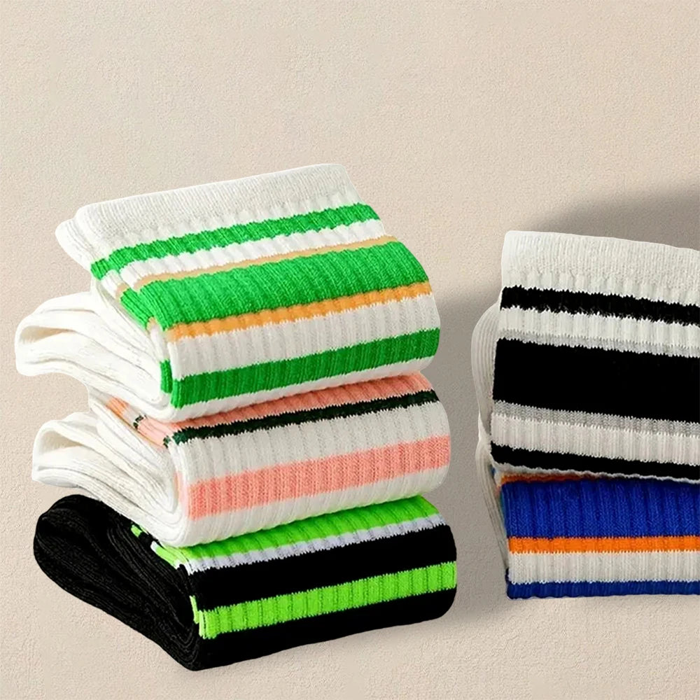 5 Pairs Polyester Spandex Striped Crew Socks