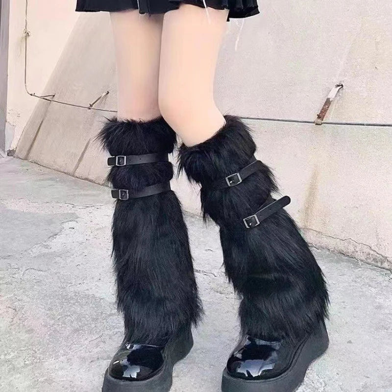 Faux Fur Leg Warmers With Buckle Straps