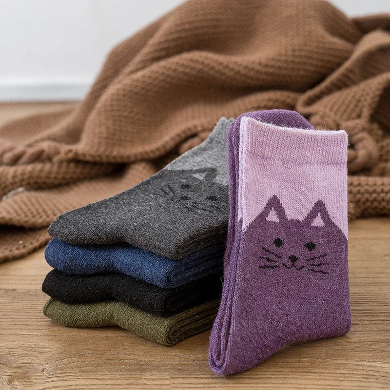 Wool Blend Cat Print Winter Socks Five Pairs