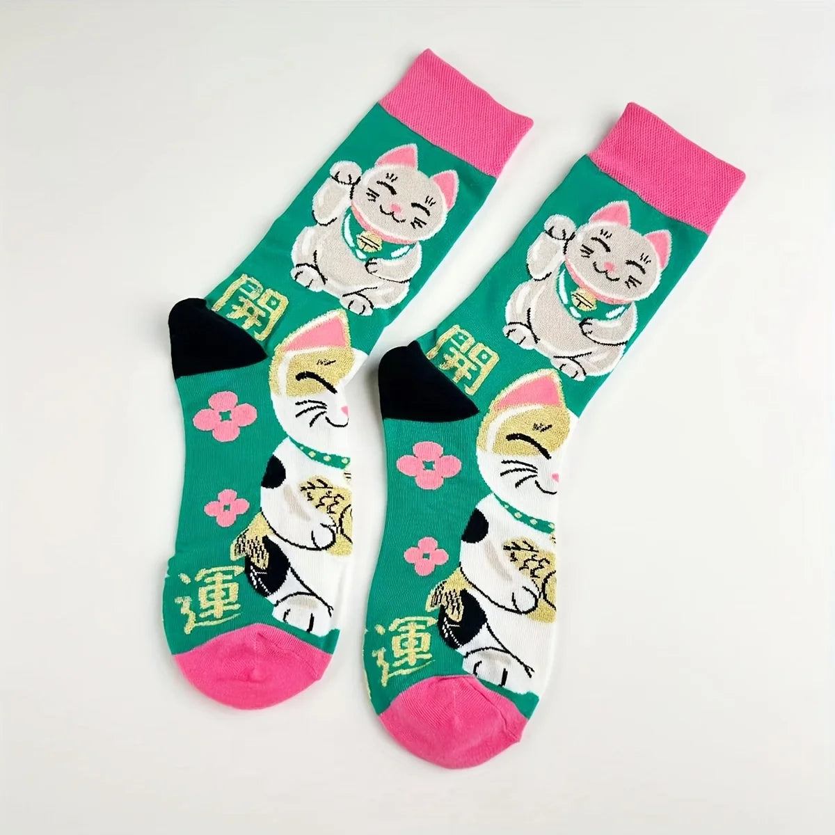 Lucky Fortune Cat Print Cotton Blend Crew Socks - 6