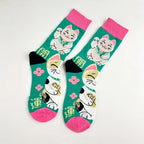 Lucky Fortune Cat Print Cotton Blend Crew Socks