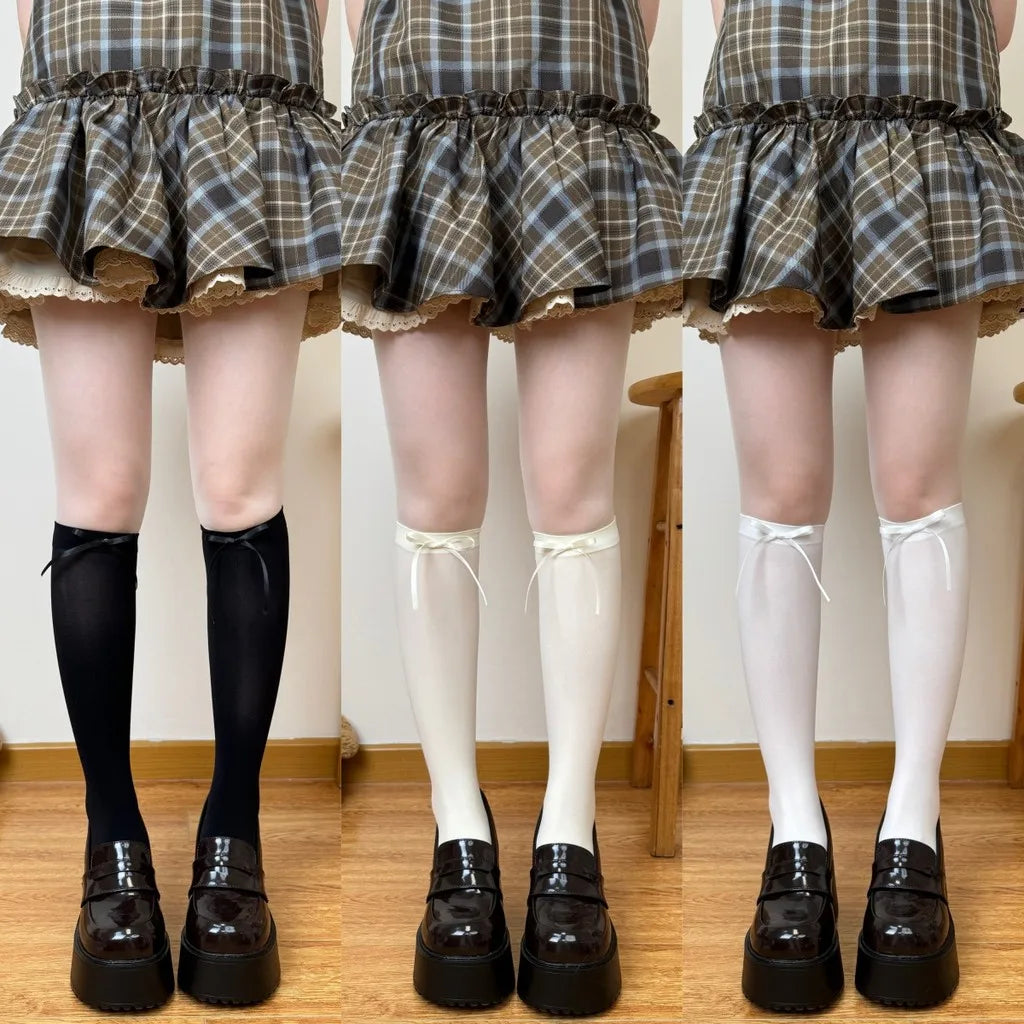 Nylon Polyester Ribbon Bow Thigh High Stockings