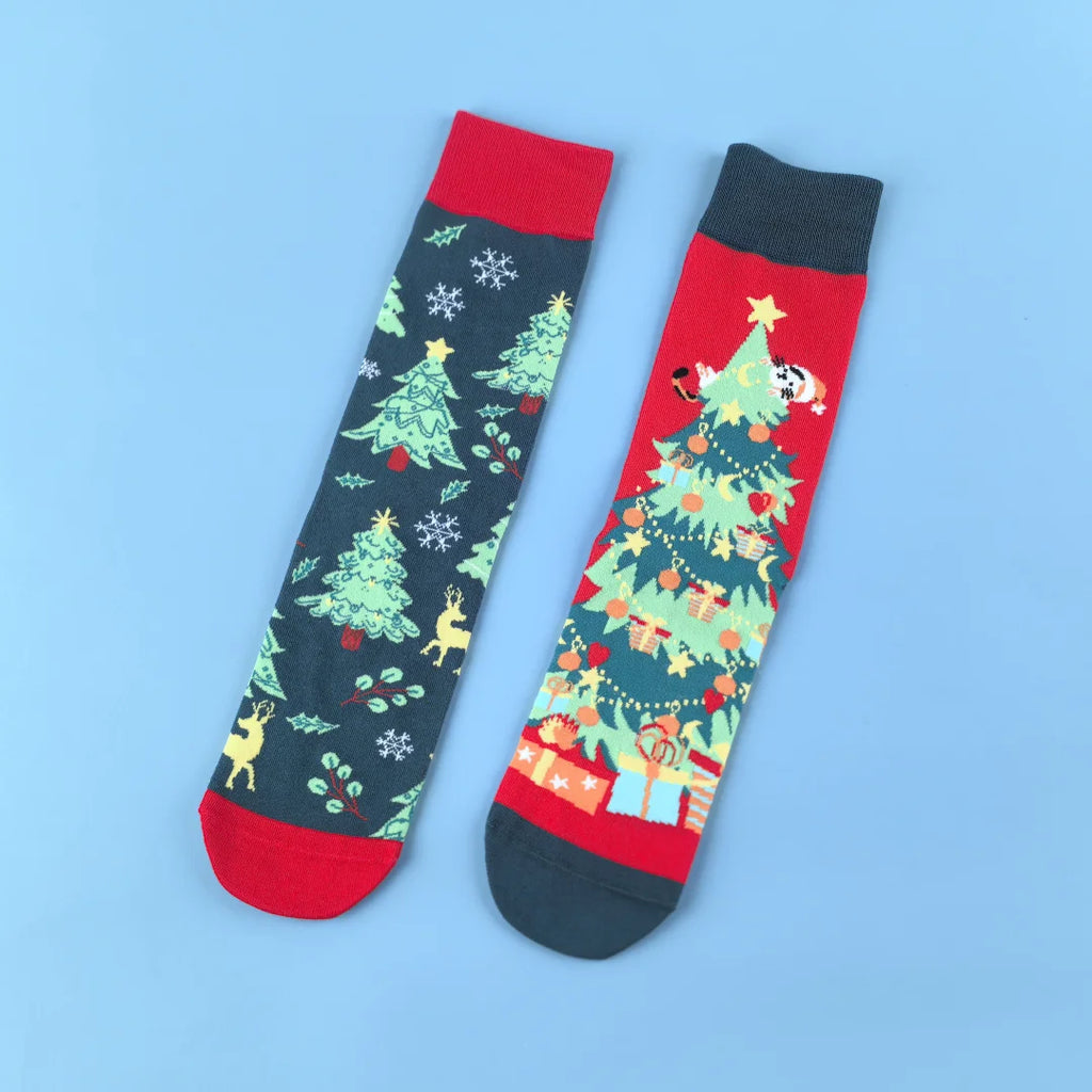 Cotton Blend Christmas Tree Print Mid Calf Socks