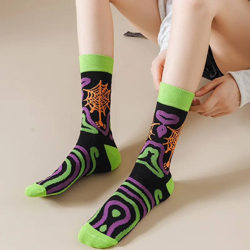 Polyester Elastane Halloween Patterned Mid Calf Socks 5 Pack