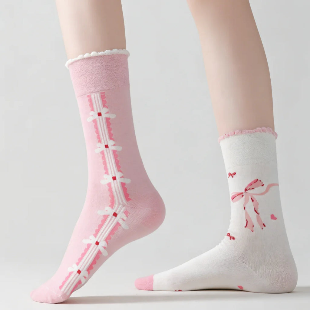 Cotton Blend Bow Heart Print Mid Tube Women Socks