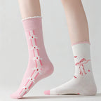 Cotton Blend Bow Heart Print Mid Tube Women Socks