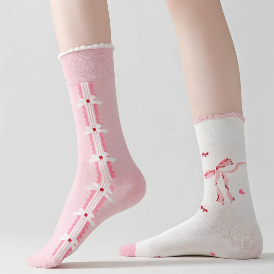 Cotton Blend Bow Heart Print Mid Tube Women Socks
