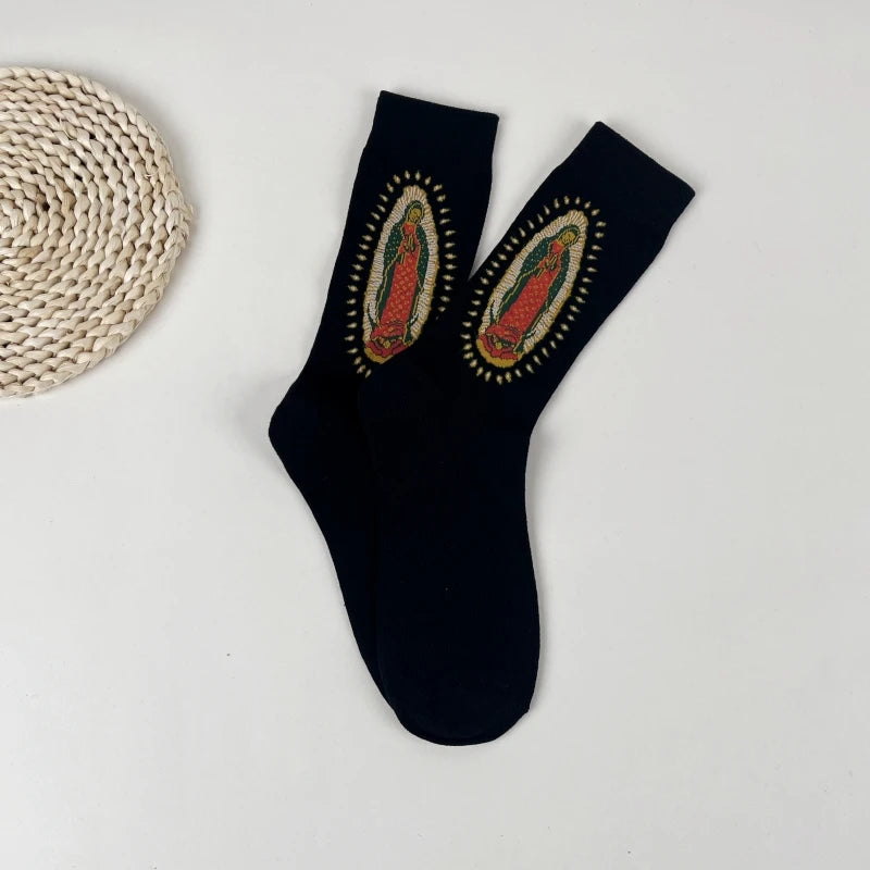 Polyester Elastane Portrait Print Mid Calf Socks