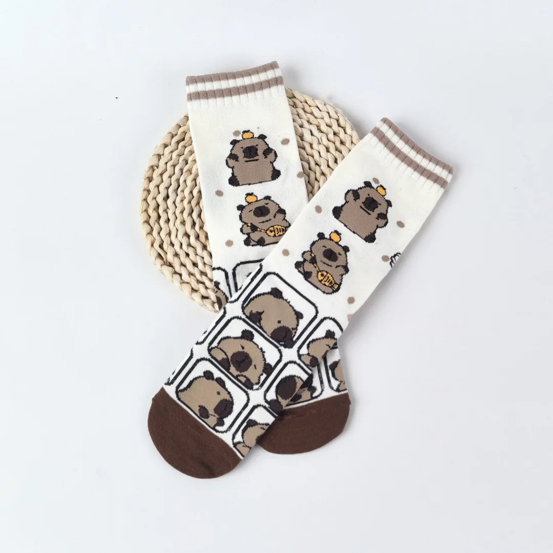 Cotton Blend Capybara Pattern Mid Calf Socks for Women - 9