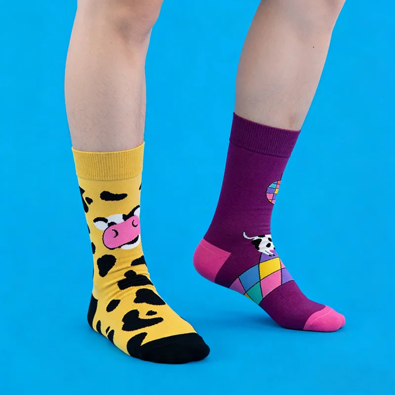 Cotton Blend Cartoon Cow Print Crew Socks