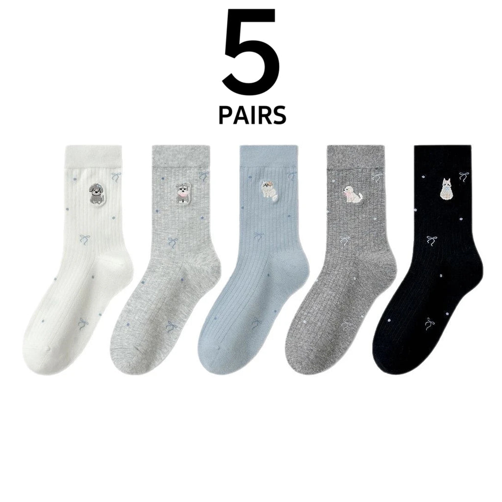 Polyester Elastane Cartoon Crew Socks Five Pair Set
