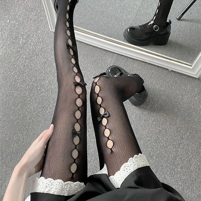 Polyester Nylon Bowknot Hollow Out Tights