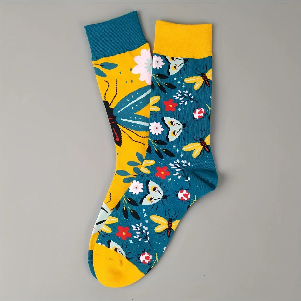 Cotton Blend Butterfly Ladybug Print Mid Calf Socks