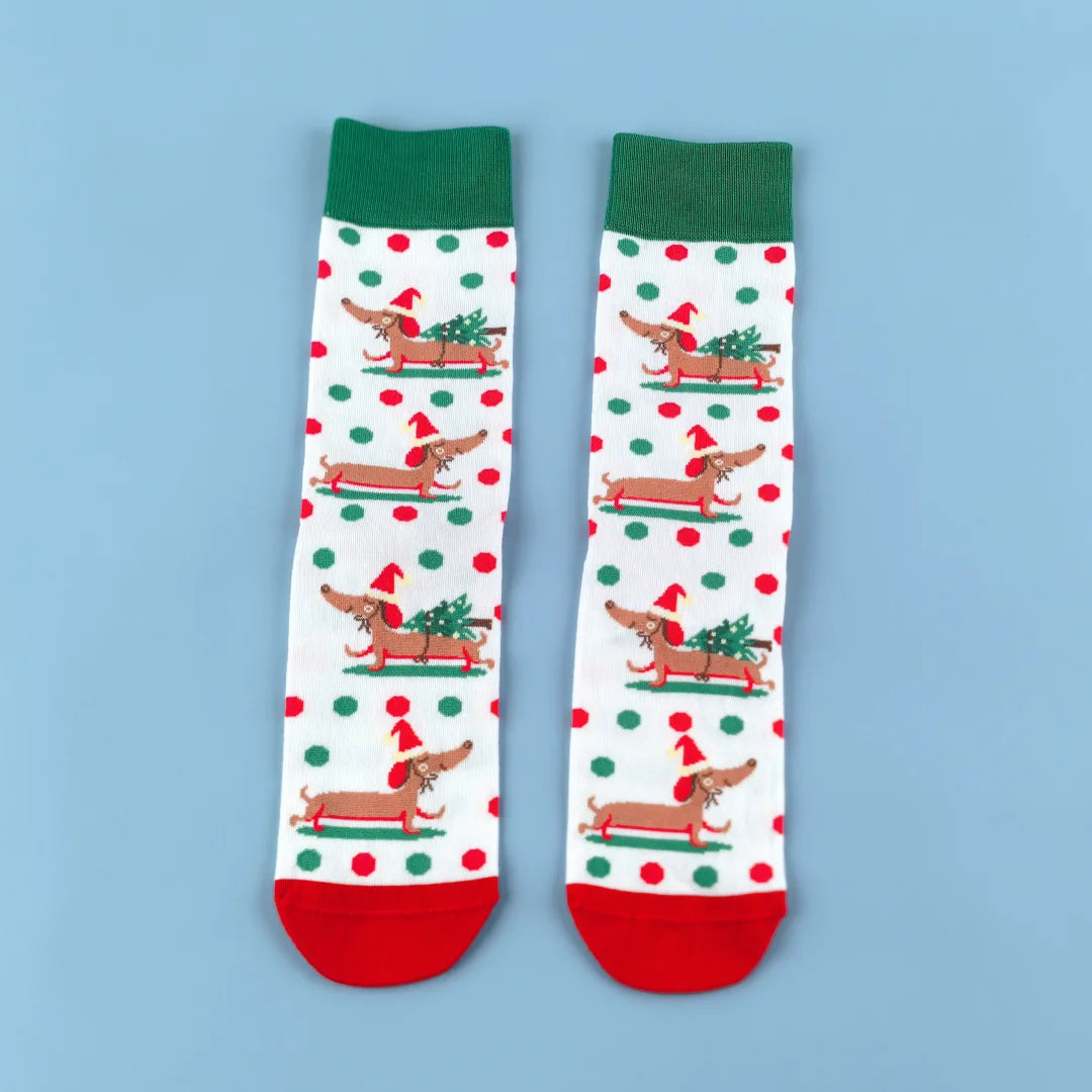 Cotton Blend Dachshund Christmas Pattern Mid Calf Socks