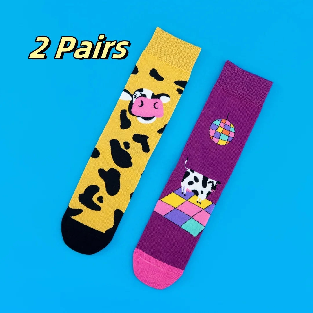 Cotton Blend Disco Cow Pattern Crew Socks - 9